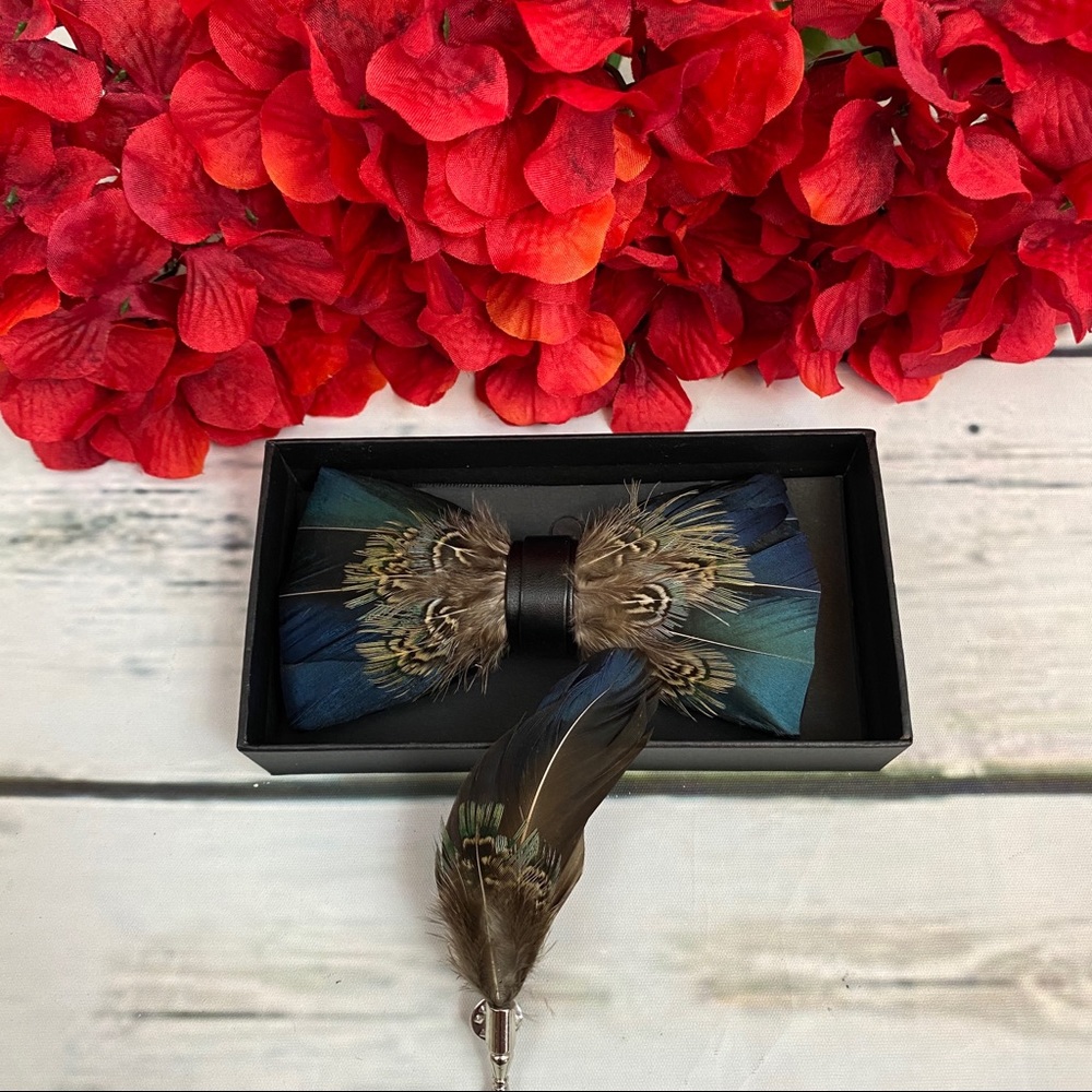 Handmade Blue & Brown Feather Bow Tie Boutonnière Lapel Pin Set - Picture 2 of 11